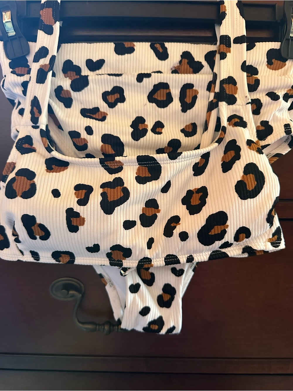 Leopard Print Ribbed Bikini Set - White, Brown & Black